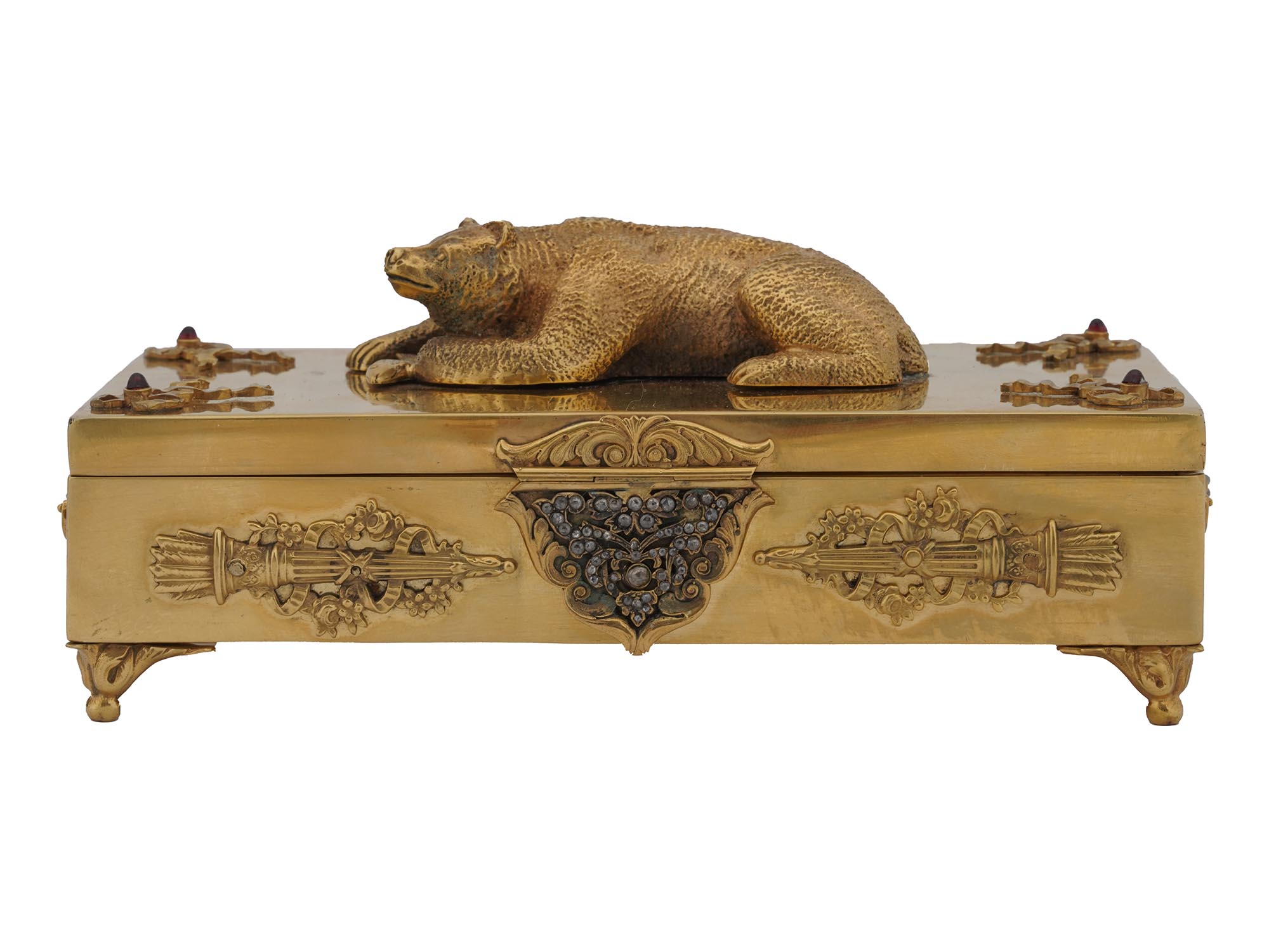 RUSSIAN GILT SILVER TRINKET BOX WITH BEAR FIGURE PIC-1